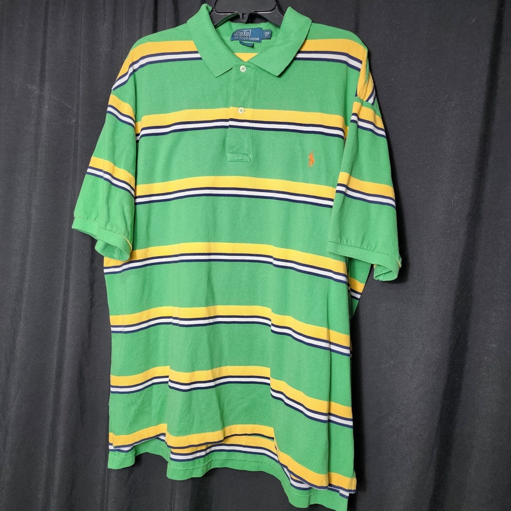 Polo Ralph Lauren Men 2XB Big Green Yellow Striped Short Sleeve Pique Polo Shirt
